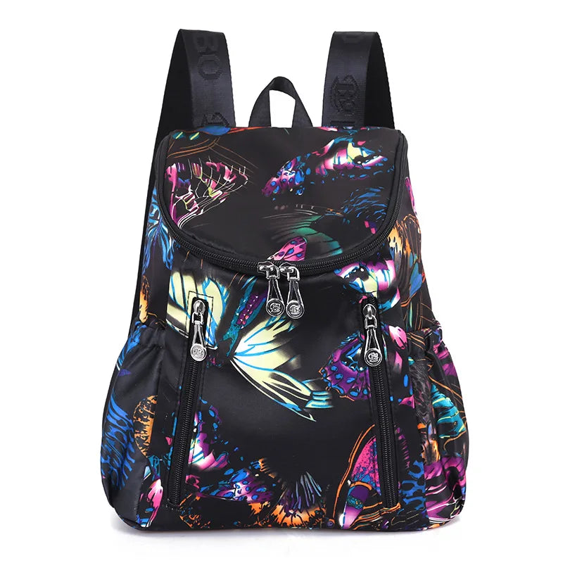 Floral Print Nylon Backpack Large Capacity Travel School Bag