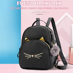 Women Backpack PU Leather School Bags Female Ladies Girl Cartoon Cat Multi-Funct