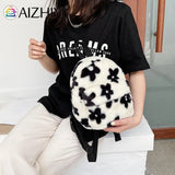 Printed Plush Backpack Casual Ladies Small Knapsack Mini Rucksacks