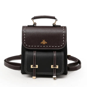 Vintage Leather Women Backpack Little Bee School Bag