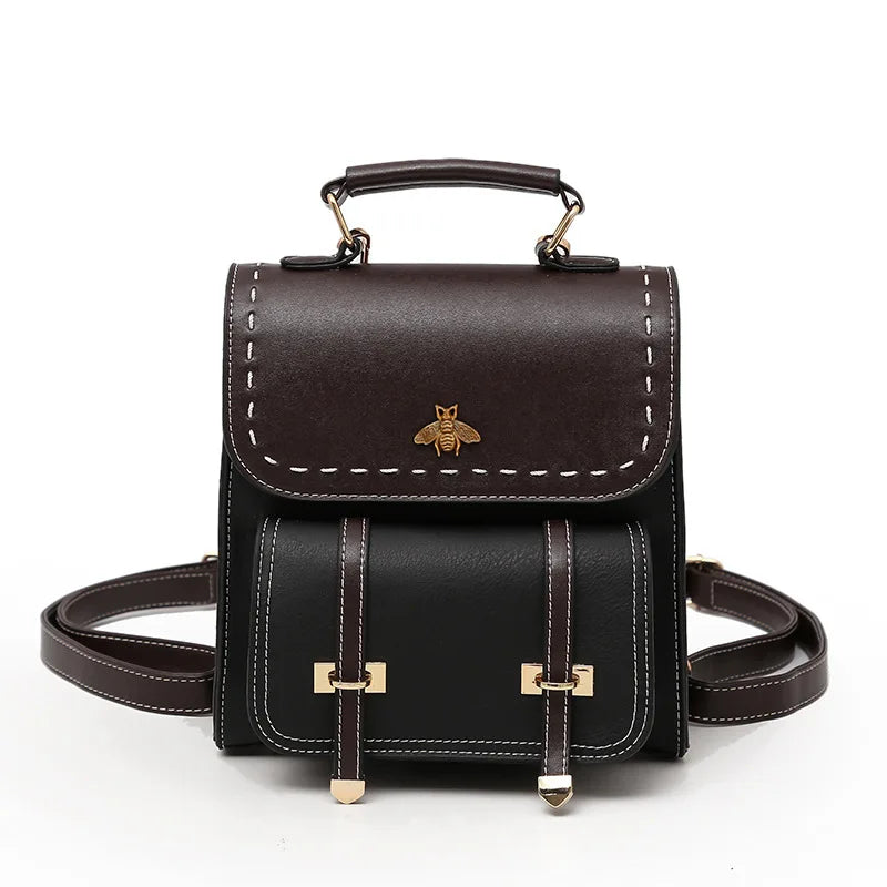 Vintage Leather Women Backpack Little Bee School Bag