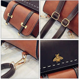 Vintage Leather Preppy Female Backpack Little Bee School College Travel Bag