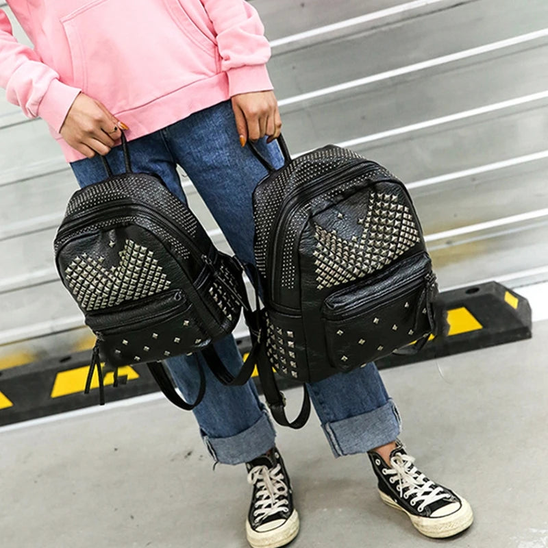 Women Backpack Rivet Studded School Bookbag Daypack Anti Theft Rucksack