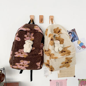 Cartoon School Backpack for Teenage Girls Lamb Wool Shoulder Bag