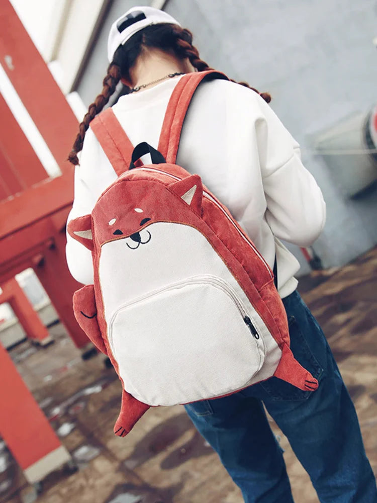Women Canvas Dog Fox Ear Embroidery Backpack