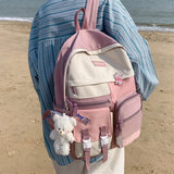 Women Backpack with Bear Pendant Nylon Schoolbag for Teenager College Rucksack