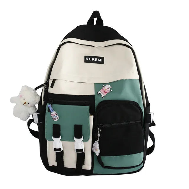 Women Backpack with Bear Pendant Nylon Schoolbag for Teenager College Rucksack