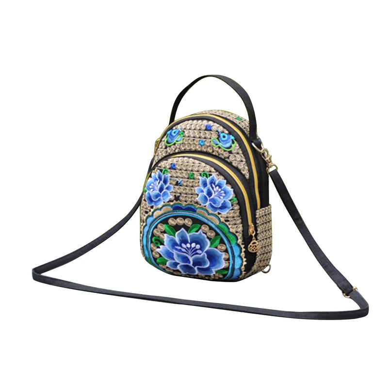 Embroidered Mini Backpack Vintage Flower Travel Shoulder Bag