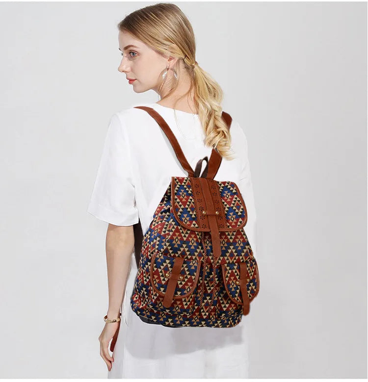 Vintage Geometrical Print Canvas Backpack for Girls