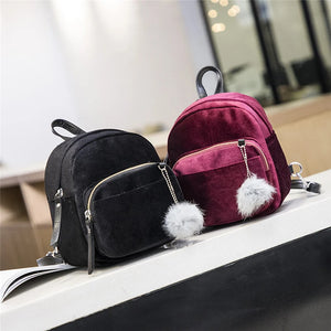 Velvet Backpack Veludo Schoolbag Zipper Pompom Casual Mini Female Bags