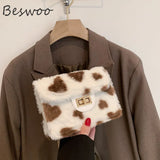 Heart Prints Plush Shoulder Bag Chain Faux Fur Messenger Female Bag