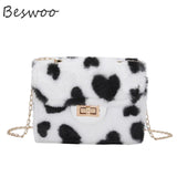 Heart Prints Plush Shoulder Bag Chain Faux Fur Messenger Female Bag