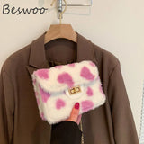 Heart Prints Plush Shoulder Bag Chain Faux Fur Messenger Female Bag