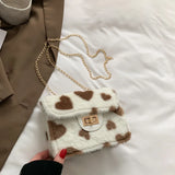 Heart Prints Plush Shoulder Bag Chain Faux Fur Messenger Female Bag