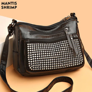 Middle Aged Women's Rivet Shoulder Bag PU Leather Hobos Messenger