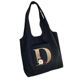 Canvas Flower Tote Bag with 26 Letters Print, Large Capacity Travel Shopping Bag