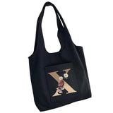 Canvas Flower Tote Bag with 26 Letters Print, Large Capacity Travel Shopping Bag