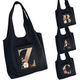 Canvas Flower Tote Bag with 26 Letters Print, Large Capacity Travel Shopping Bag