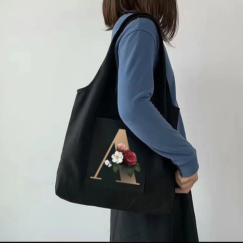 Canvas Flower Tote Bag with 26 Letters Print, Large Capacity Travel Shopping Bag