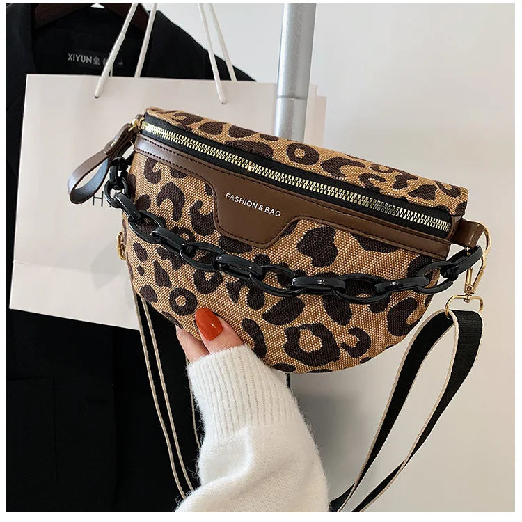 Leopards Pattern Zipper Waist Bag Half Moon Fanny Pack
