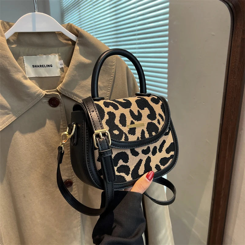 Leopard Handbag Canvas Vintage Flap Shoulder Bags Crossbody Messenger