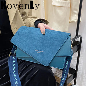 Nubuck Leather Square Shoulder Bag with Wide Strap