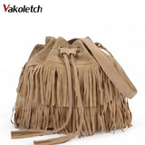 Women Suede Fringe Handbag Crossbody Tassel Purse Big Drawstring Sling