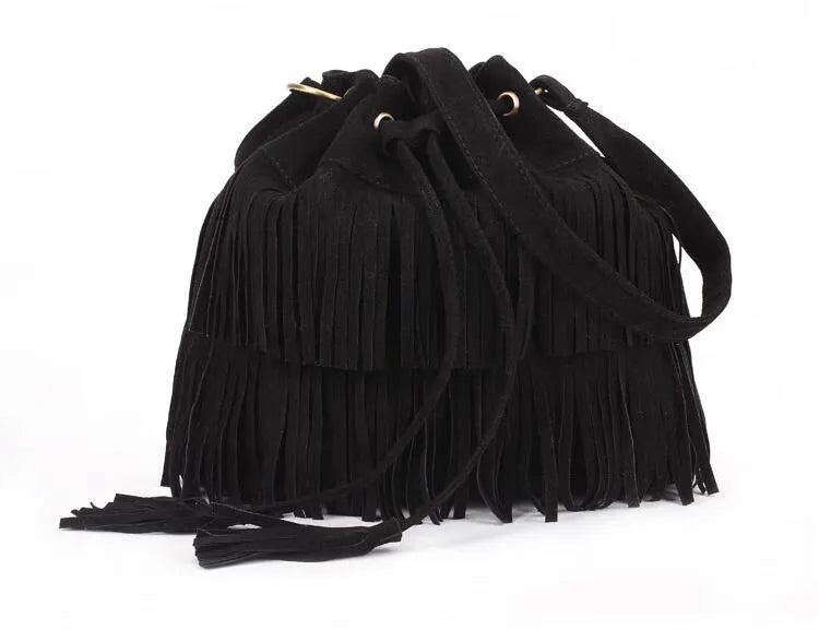 Women Suede Fringe Handbag Crossbody Tassel Purse Big Drawstring Sling