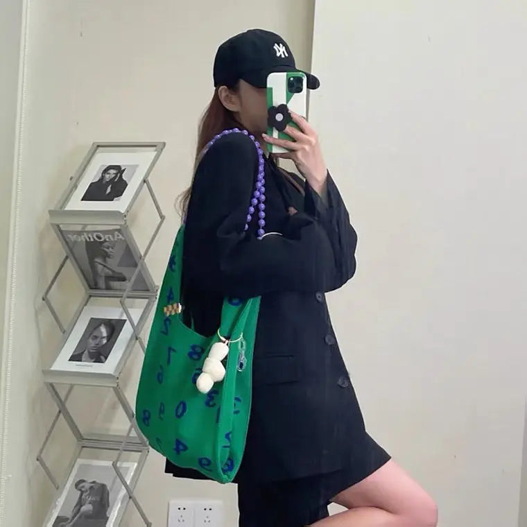 Women Bag Cotton Fabric Bucket Letter Solid Shoulder Bag