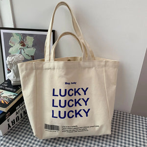 LUCKY Letters Canvas Tote Bag Casual Hasp Shoulder Handbags