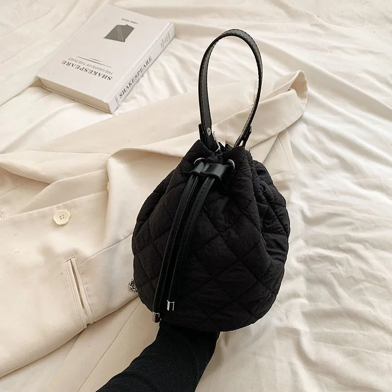 Quilted Drawstring Shoulder Bag Lattice Tote Bag