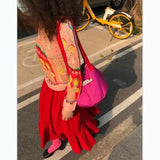 Women Nylon Bucket Shoulder Bag Purses Handbags Red Tote Bag