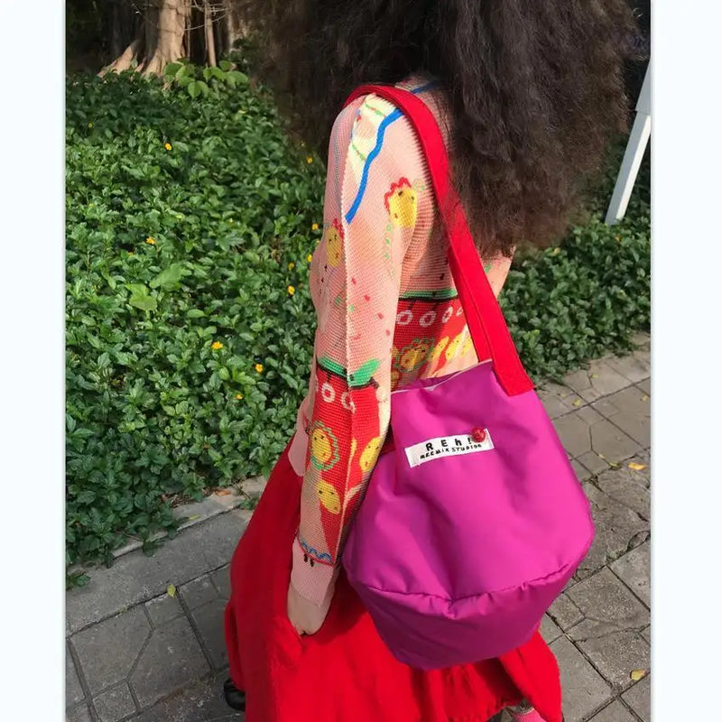 Women Nylon Bucket Shoulder Bag Purses Handbags Red Tote Bag