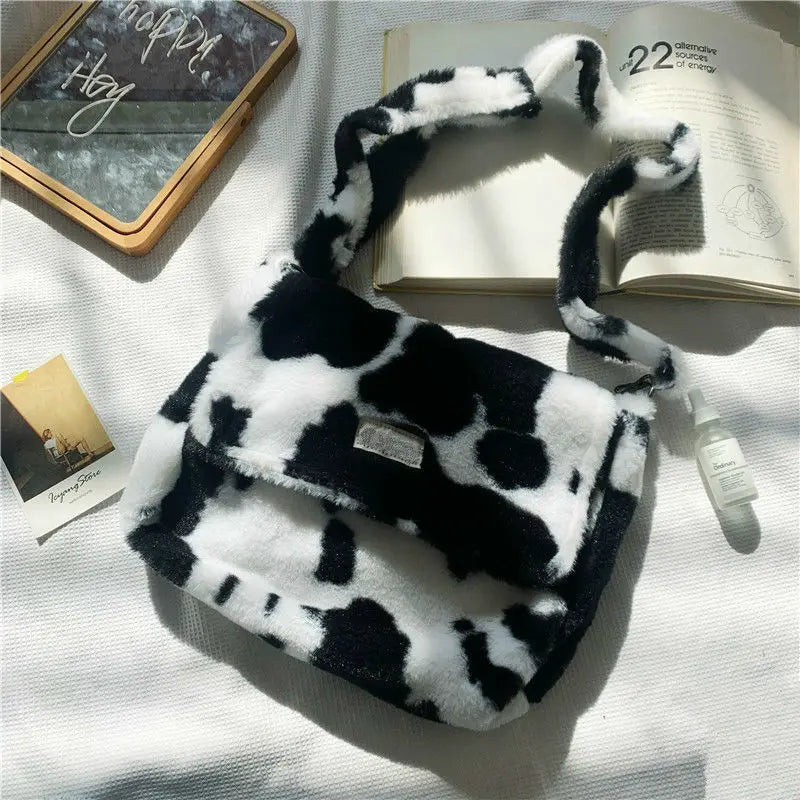 Lamb Wool Cow Pattern Shoulder Bag Canvas Handbag