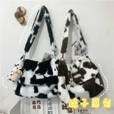 Lamb Wool Cow Pattern Shoulder Bag Canvas Handbag