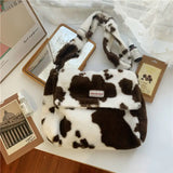 Lamb Wool Cow Pattern Shoulder Bag Canvas Handbag