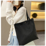 Women PU Handbag Shoulder Bag Large Capacity Tote Solid Striped Travel Bag