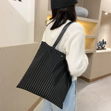 Women PU Handbags Large Capacity Tote Shoulder Bag Solid Striped Travel Bag