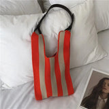 Square Tote Bag Striped Shoulder Handbag Small Fresh Girls Bag Japan Style
