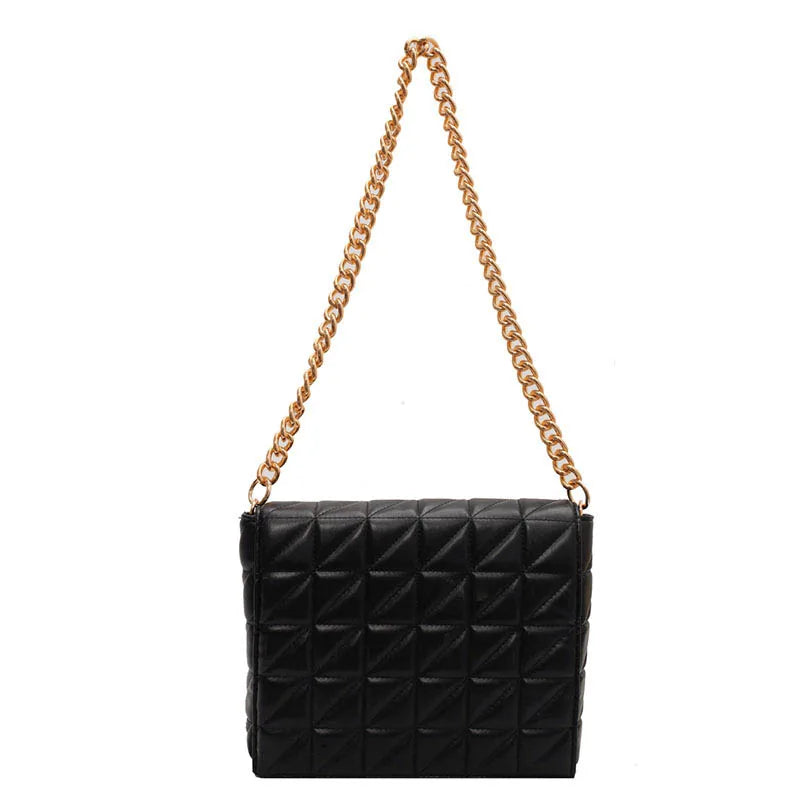 Vintage Leather Quilted Shoulder Bag Metal Chain Crossbody