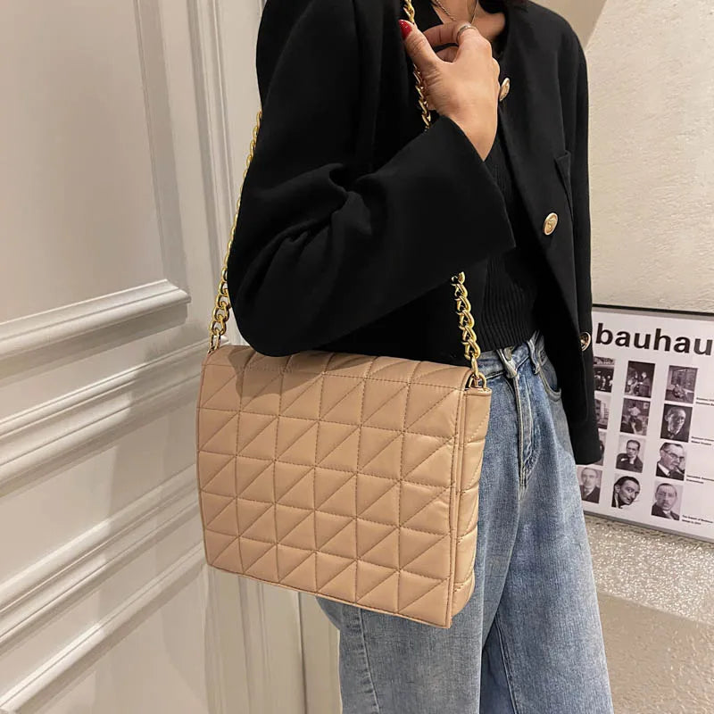 Vintage Leather Quilted Shoulder Bag Metal Chain Crossbody