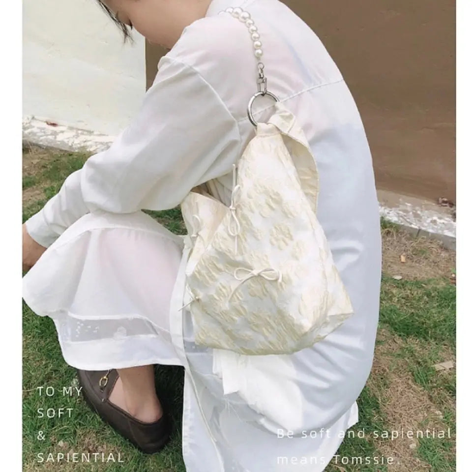 Canvas Bucket Shoulder Bags Beading Hasp High-Capacity Girls Bag