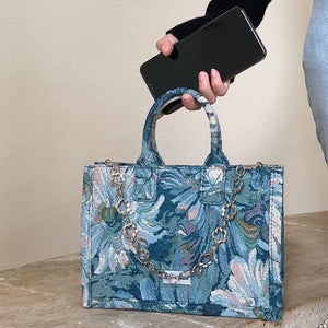 Canvas Chains Zipper Shoulder Bag Vintage Floral Crossbody