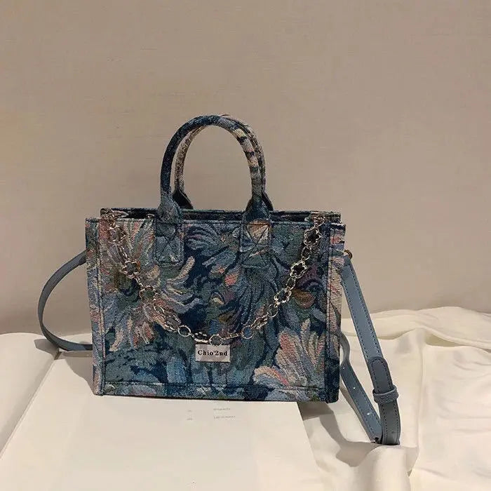 Canvas Chains Zipper Shoulder Bag Vintage Floral Crossbody