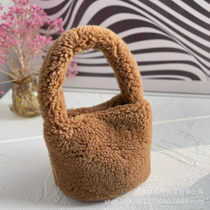 Winter Furry Women Bag Vegetable Basket Handbag Plush Magnetic Cylinder Bag