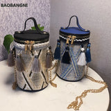 Straw Round Tote Metal Ring Chain Shoulder Bag