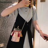 Straw Round Tote Metal Ring Chain Shoulder Bag