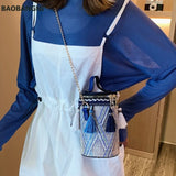 Straw Round Tote Metal Ring Chain Shoulder Bag