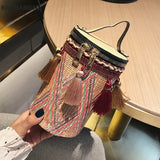 Straw Round Tote Metal Ring Chain Shoulder Bag