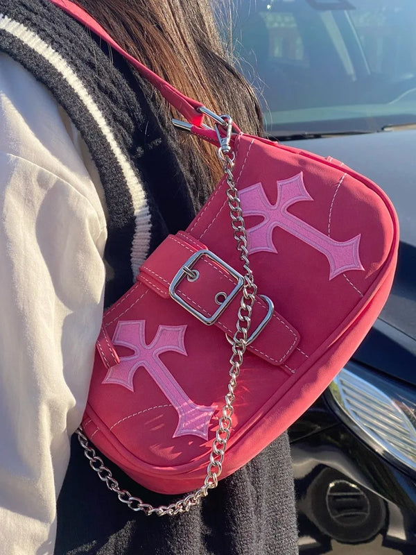 Y2K Metal Chain Rose Red Shoulder Bag